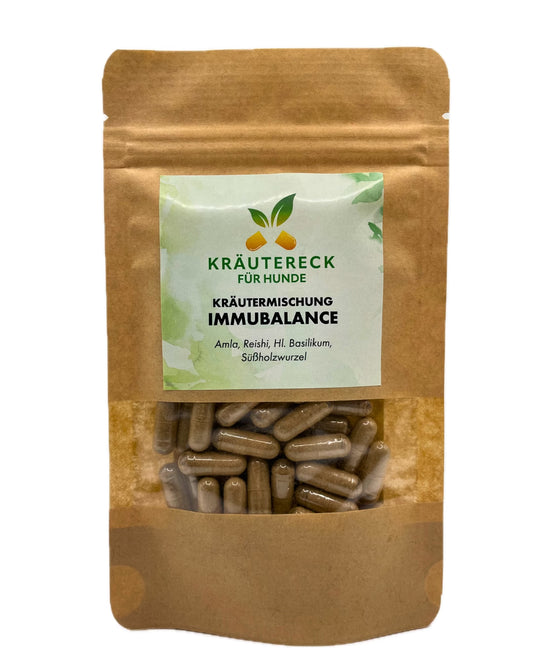 Produktverpackung: ImmuBalance Kräuterkapseln für Hunde – mit Amla, Reishi, Heiligem Basilikum & Süßholz (Vorderseite).