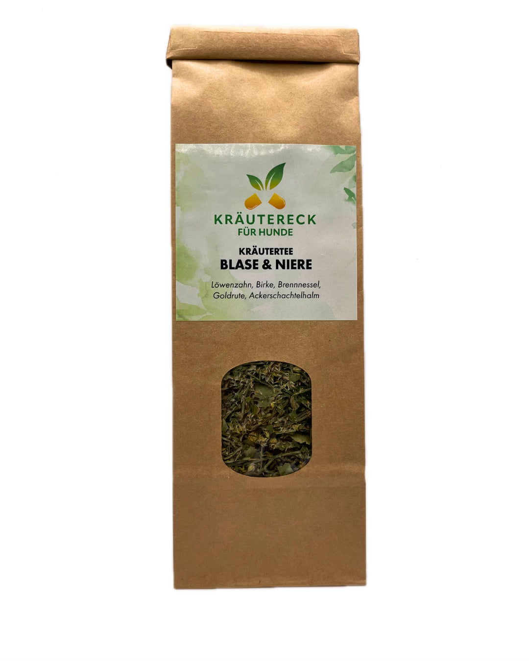 Produktverpackung: Kräutertee für Blase & Niere bei Hunden – mit Löwenzahn, Birke, Brennnessel, Goldrute & Ackerschachtelhalm (Vorderseite).