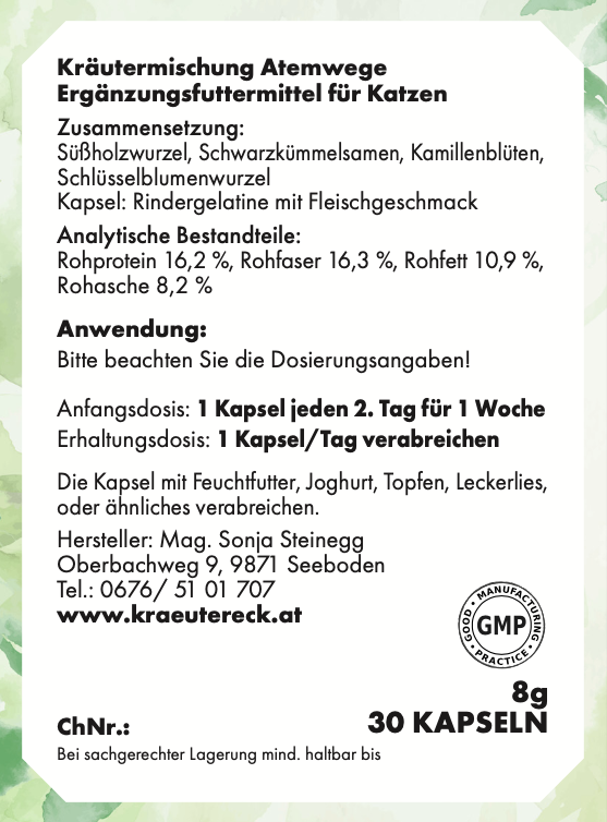 Rückseite: einfache Anwendung, Dosierung, Zutaten & analytische Bestandteile – Atemwegs-Kapseln Katze.