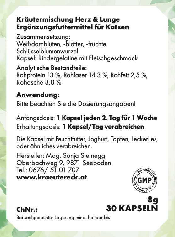 Rückseite: einfache Anwendung, Dosierung, Zutaten & analytische Bestandteile – Herz-Lungen-Kapseln Katze.