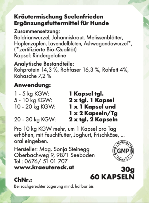 Rückseite: einfache Anwendung, Fütterung, Zutaten & analytische Bestandteile – Seelenfrieden-Kapseln Hund.