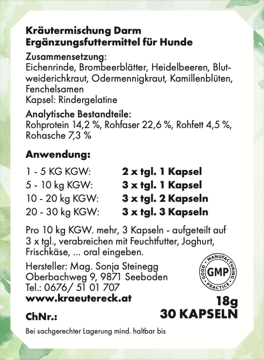 Rückseite: einfache Anwendung, Fütterung, Zutaten & analytische Bestandteile – Akut Darm-Kapseln Hund.