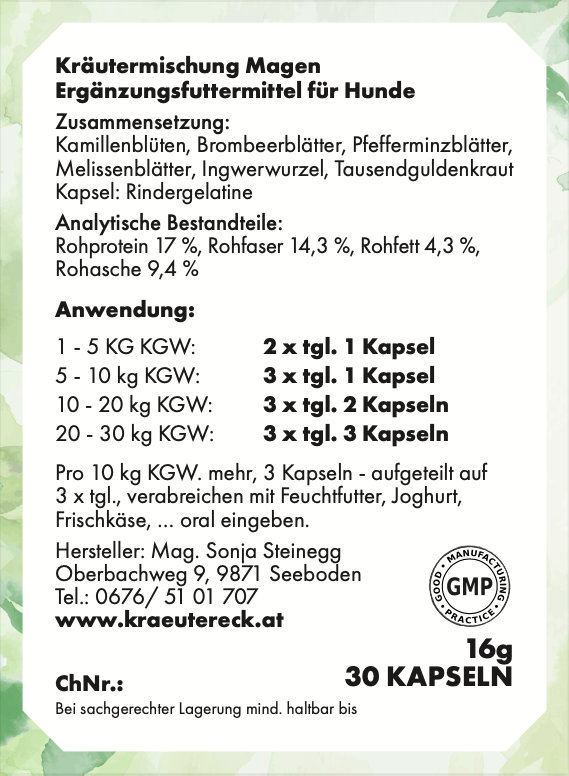 Kräuterkapseln - akut Magen Hund
