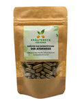 Produktverpackung: Kräuterkapseln für Atemwege bei Hunden - mit Süßholz, Schwarzkümmel, Kamille und Schlüsselblume (Vorderseite).