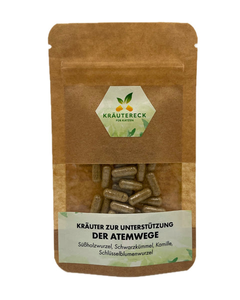 Produktverpackung: Kräuterkapseln für Atemwege bei Katzen – mit Süßholz, Schwarzkümmel, Kamille & Schlüsselblume (Vorderseite).