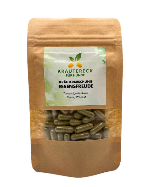 Produktverpackung: Kräuterkapseln für Appetit & Futterfreude bei Hunden – mit  Tausendguldenkraut, Pfefferminze & Wermut (Vorderseite).