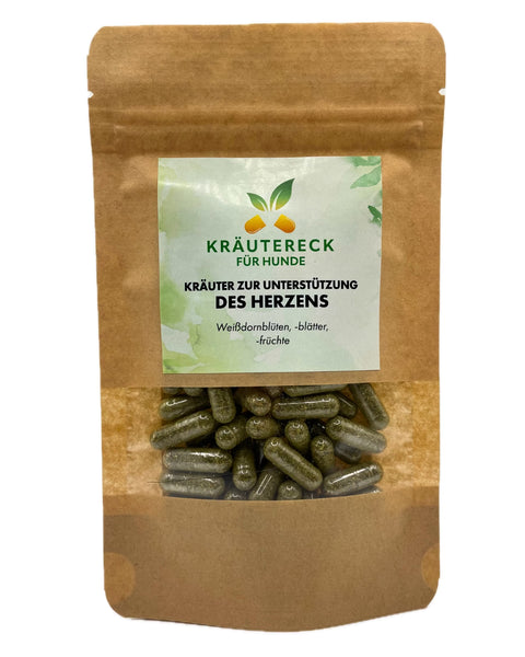 Produktverpackung: Kräuterkapseln für Herz-Wohlbefinden bei Hunden – mit Weißdorn (Vorderseite).