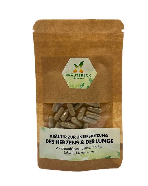 Produktverpackung: Kräuterkapseln für Herz & Lunge bei Katzen – mit Weißdorn & Schlüsselblume (Vorderseite).