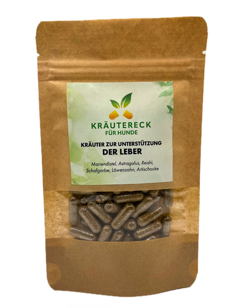 Produktverpackung: Kräuterkapseln für Leber-Wohlbefinden bei Hunden – mit Mariendistel, Reishi, Astragalus, Artischocke, Schafgarbe & Löwenzahn (Vorderseite).