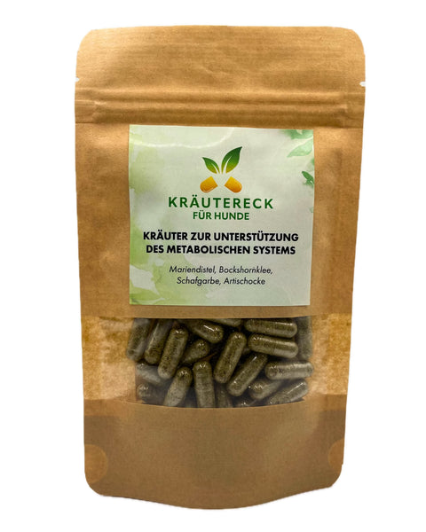 Produktverpackung: Kräuterkapseln für Gewichtsmanagement bei Hunden – mit Mariendistel, Bockshornklee, Schafgarbe & Artischocke (Vorderseite).