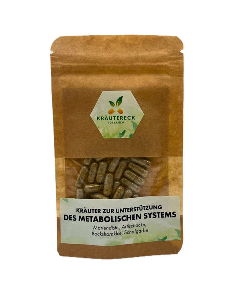 Produktverpackung: Kräuterkapseln für Gewichtsmanagement bei Katzen – mit Mariendistel, Artischocke, Bockshornklee & Schafgarbe (Vorderseite).