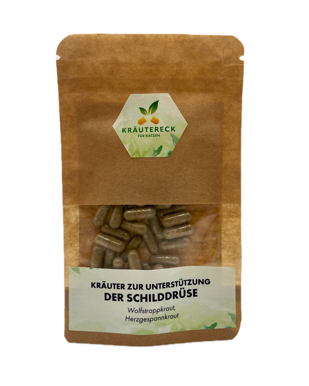 Produktverpackung: Kräuterkapseln für die Schilddrüse bei Katzen – mit Wolfstrappkraut & Herzgespannkraut (Vorderseite).