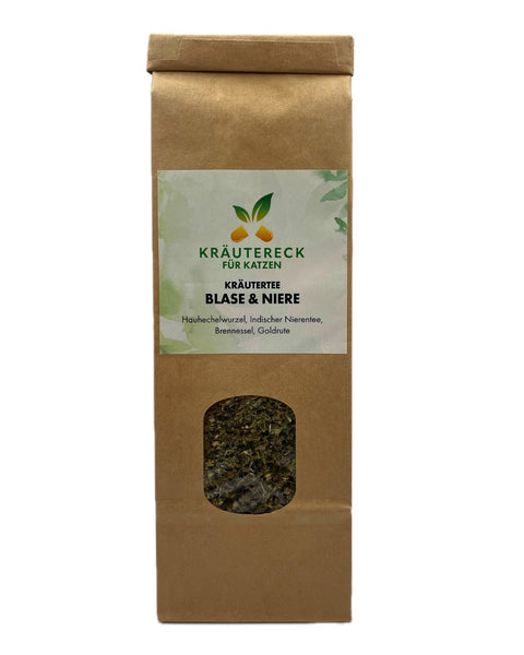 Produktverpackung: Kräuter-Tee für Blase & Niere bei Katzen – mit Hauhechelwurzel, indischer Nierentee, Brennnessel & Goldrute (Vorderseite).