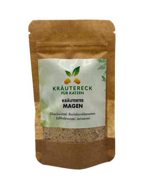 Produktverpackung: Kräutertee für den Magen bei Katzen – mit Eibischwurzel, Bockshornkleesamen, Süßholzwurzel & Leinsamen (Vorderseite).