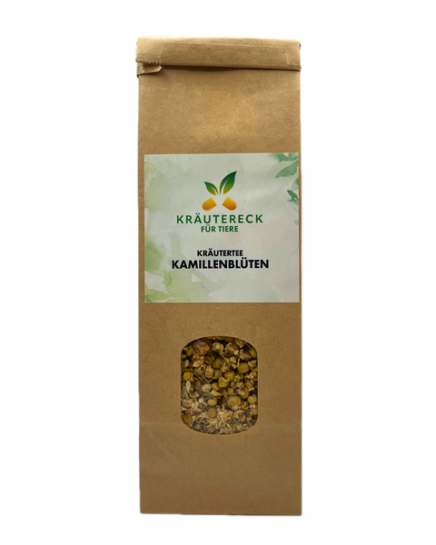 Produktverpackung: Kamillenblüten für Hund & Katze – zur Zubereitung als Tee, Waschung oder Inhalation (Vorderseite).