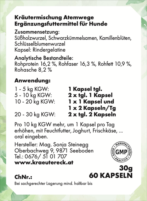 Rückseite: einfache Anwendung, Dosierung, Zutaten & analytische Bestandteile – Atemwegs-Kapseln Hund.