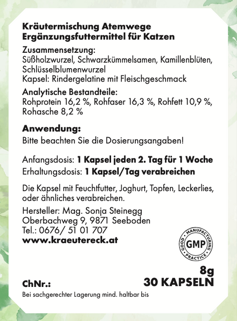 Rückseite: einfache Anwendung, Dosierung, Zutaten & analytische Bestandteile – Atemwegs-Kapseln Katze.