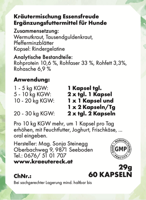 Rückseite: einfache Anwendung, Dosierung, Zutaten & analytische Bestandteile – Essensfreude-Kapseln Hund.