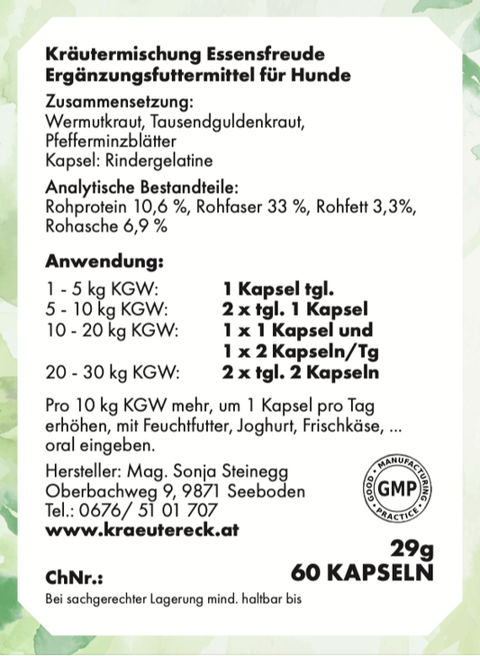 Rückseite: einfache Anwendung, Dosierung, Zutaten & analytische Bestandteile – Essensfreude-Kapseln Hund.