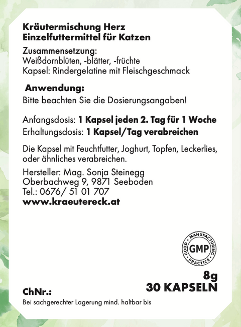 Rückseite: einfache Anwendung, Fütterung, Zutaten & analytische Bestandteile – Herz-Kapseln Katze.