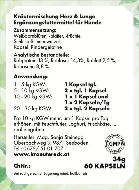 Rückseite: einfache Anwendung, Fütterung, Zutaten & analytische Bestandteile – Herz-Lunge-Kapseln Hund.
