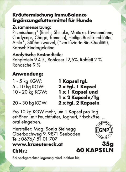 Rückseite: einfache Anwendung, Dosierung, Zutaten & analytische Bestandteile – ImmuBalance Kapseln Hund.