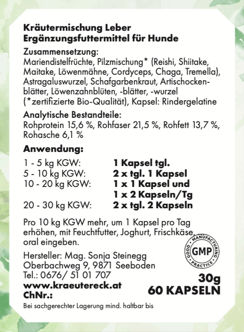 Rückseite: einfache Anwendung, Fütterung, Zutaten & analytische Bestandteile – Leber-Kapseln Hund.