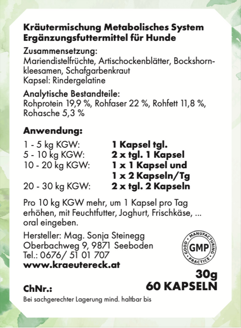 Rückseite: einfache Anwendung, Dosierung, Zutaten & analytische Bestandteile – Metabolisches-System-Kapseln Hund.