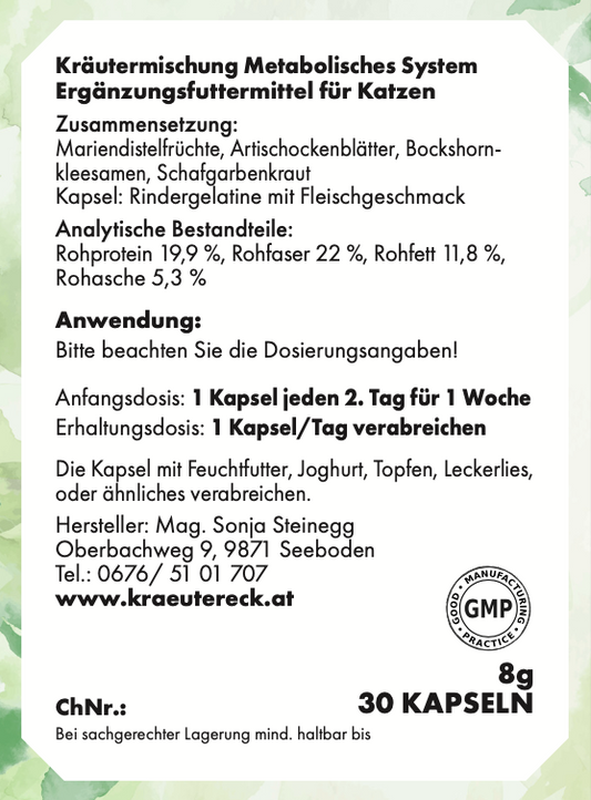 Rückseite: einfache Anwendung, Dosierung, Zutaten & analytische Bestandteile – Metabolisches System-Kapseln Katze.