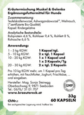 Rückseite: einfache Anwendung, Fütterung, Zutaten & analytische Bestandteile – Muskel & Gelenk-Kapseln Hund.
