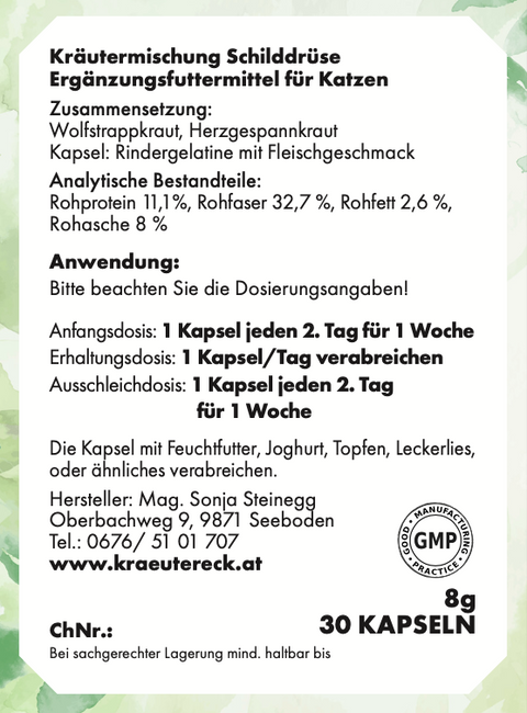 Rückseite: einfache Anwendung, Dosierung, Zutaten & analytische Bestandteile – Schilddrüse-Kapseln Katze.
