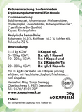 Rückseite: einfache Anwendung, Fütterung, Zutaten & analytische Bestandteile – Seelenfrieden-Kapseln Hund.