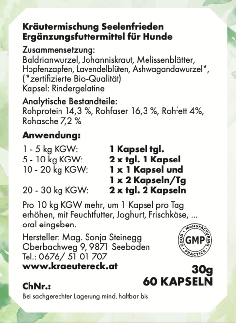 Rückseite: einfache Anwendung, Fütterung, Zutaten & analytische Bestandteile – Seelenfrieden-Kapseln Hund.