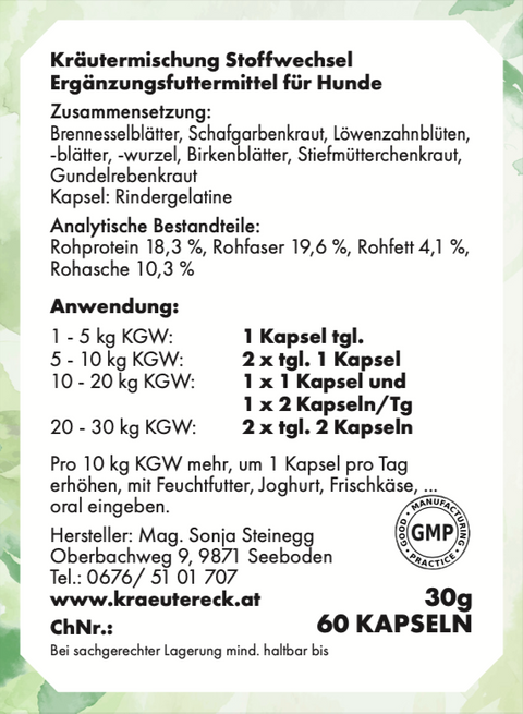 Rückseite: einfache Anwendung, Fütterung, Zutaten & analytische Bestandteile – Stoffwechsel-Kapseln Hund.