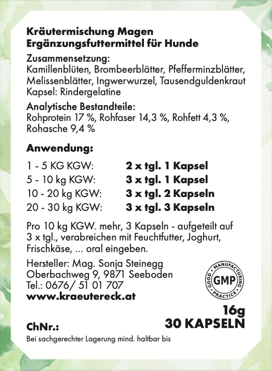 Rückseite: einfache Anwendung, Fütterung, Zutaten & analytische Bestandteile – Akut Magen-Kapseln Hund.