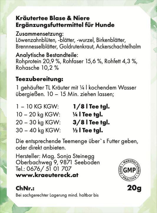 Rückseite: einfache Anwendung, Dosierung, Zutaten & analytische Bestandteile – Blase -Nierentee Hund.