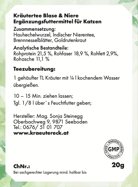 Rückseite: einfache Anwendung, Dosierung, Zutaten & analytische Bestandteile – Blase & Nierentee Katze.