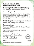Rückseite: Anwendung & Zubereitung (Tee/Waschung/Inhalation) & Inhalt – Kamillenblüten für Hund & Katze.