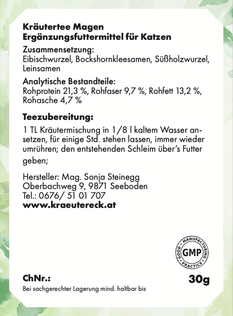 Rückseite: einfache Anwendung, Dosierung, Zutaten & analytische Bestandteile – Magentee Katze.