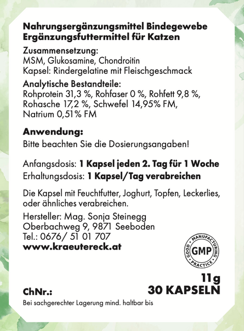 Rückseite: einfache Anwendung, Fütterungsempfehlung, Zutaten & analytische Bestandteile – Gelenk-Kapseln Katze.