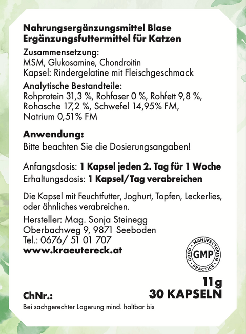 Rückseite: einfache Anwendung, Inhalt & analytische Bestandteile – Blasen-Kapseln Katze.
