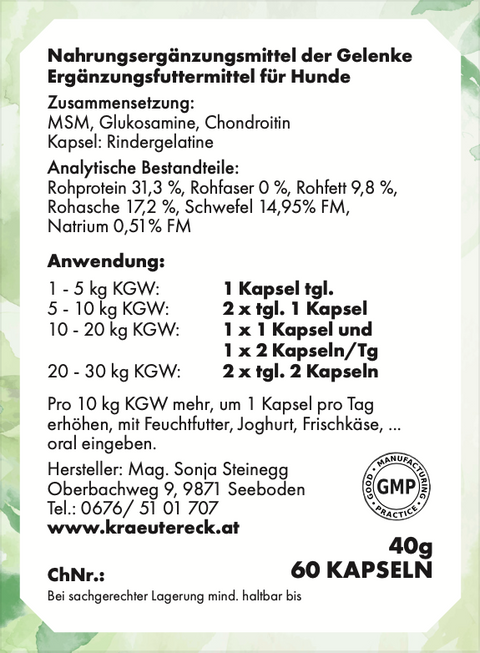 Rückseite: einfache Anwendung, Fütterung, Zutaten & analytische Bestandteile – Gelenk-Kapseln Hund.